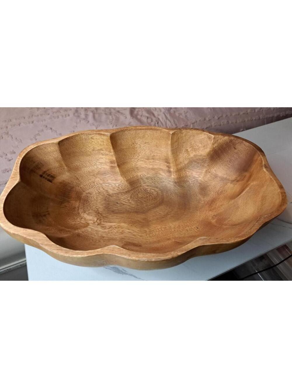 Handcrafted Solid Wood MCM Scalloped Clam Shell Design Serving Bowl